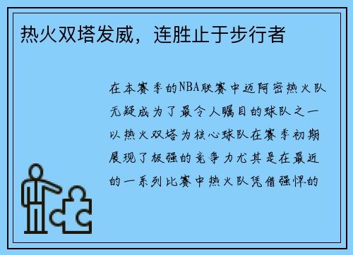 热火双塔发威，连胜止于步行者